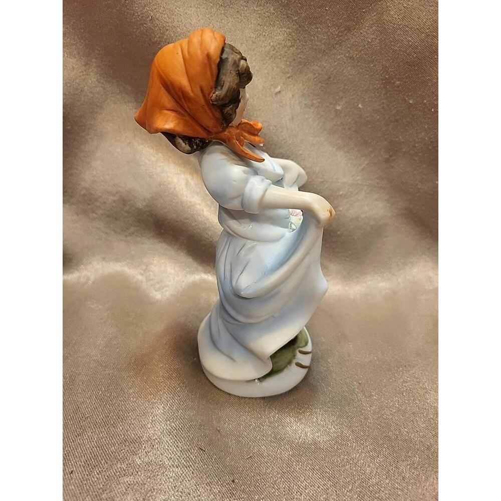 Vintage Ceramic Figurine - Girl With Red Scarf Holding Flowers in Her Dress - Picture 6 of 10